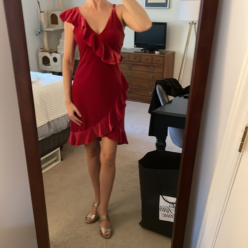 Red crushed velvet holiday party dress - Picture 2 of 5
